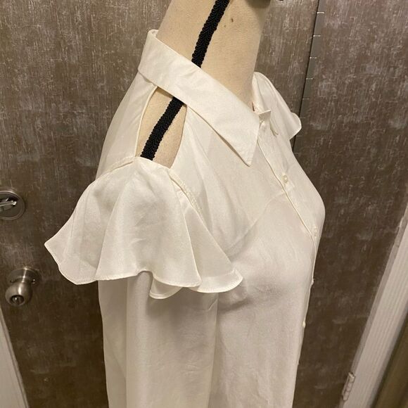 Maje 100% silk open shoulder ruffle blouse, L - Picture 3 of 10